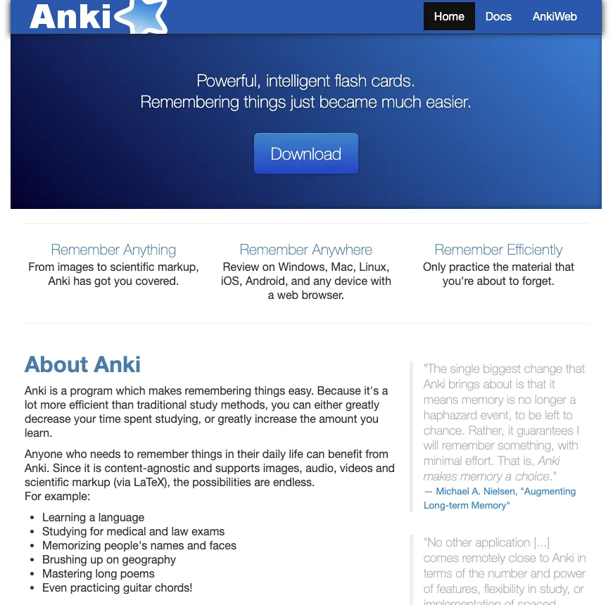 The Anki download page at apps.ankiweb.net