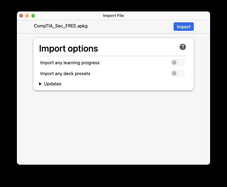The Anki import window