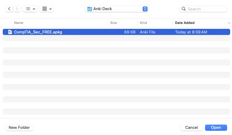 Selecting the apkg file to open