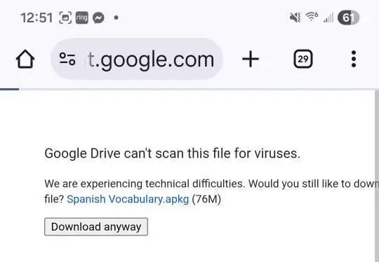 The Google Drive virus scan warning