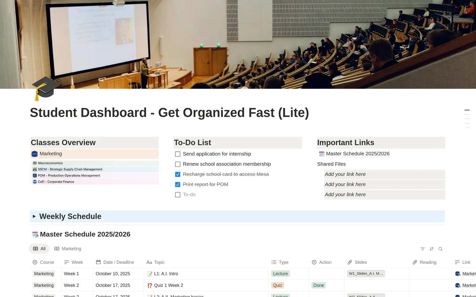 Student Dashboard, Get Organized Fast (Lite)